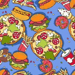 cartoon food print. seamless vector pattern (background). fast food