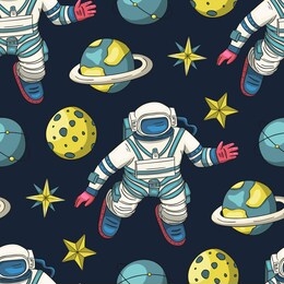 astronaut vector seamless pattern. cosmos cartoon illustrations. spaceman flying in the other space. universe galaxy cosmonaut background.