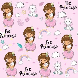 beautiful little girl holding a unicorn cat and the inscription be princess seamless pattern
