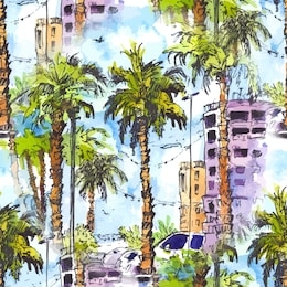 vector seamless pattern. downtown with street and buildings of miami city in florida, usa. watercolor splash with hand drawn sketch illustration. retro colorful watercolor silhouettes of palm trees.