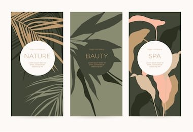 a set of minimalistic templates with natural floral elements for packaging and decoration of cosmetic products, beauty salons and spa. silhouette of palm tree leaves, olive and lily. vector