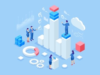 isometric web banner data analysis and statistics concept. illustration business analytics, data visualization. technology, internet and network concept. data and investments