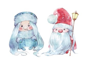 cartoon watercolor santa claus and snow maiden 