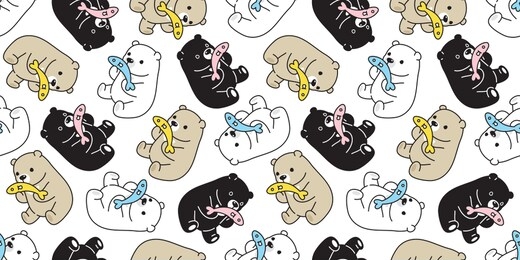 bear seamless pattern polar bear vector salmon tuna fish cartoon repeat wallpaper scarf isolated tile background illustration doodle