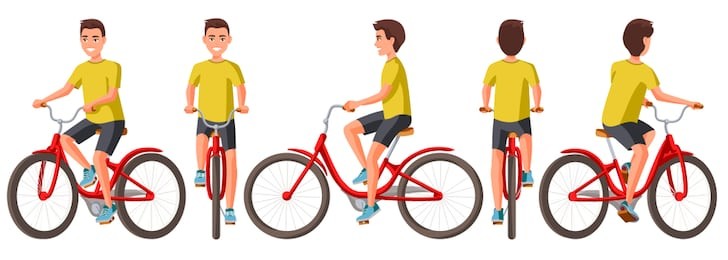 vector illustration of young man in casual clothes riding bicycle .cartoon realistic people illustration.flat young man.front, side and back views. isometric views. sportive man. training, bike.