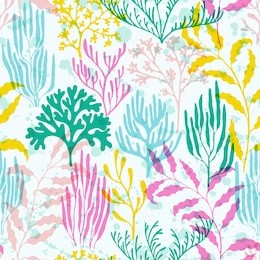 pink blue green yellow corals and polyps silhouettes fabric repeating pattern. coral reef underwater plans vector seamless pattern. aquarium, ocean and marine algae water plants, corals textile print.