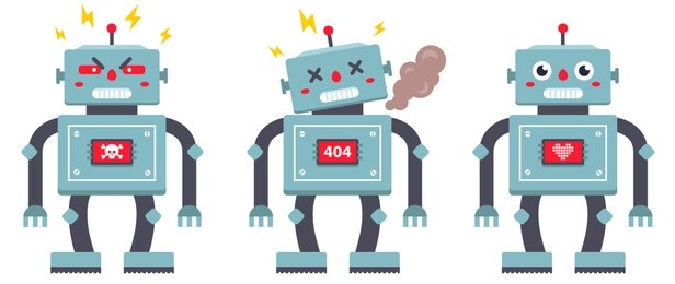 set of robots on a white background. evil, broken and kind iron cyborg. vector flat character illustration. children's toy