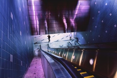 neon noir los angeles escalator in hollywood with glowing lights