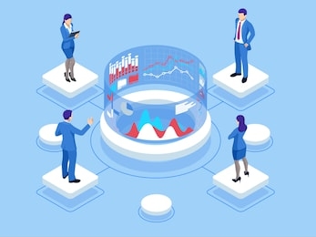 isometric web banner data analisis and statistics concept. vector illustration business analytics, data visualization. technology, internet and network concept. data and investments.