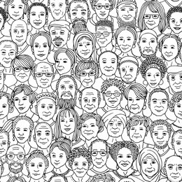 diverse group of older people 50+ - seamless pattern with hand drawn faces, senior citizens of various ethnicities