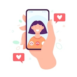 video call concept. video call with loved one. male hand holding smartphone with girlfriend on screen. finger touch screen. vector flat cartoon illustration for web sites and banners design