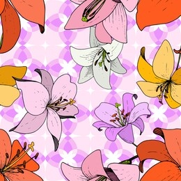 vector lily floral botanical flower. wild spring leaf wildflower isolated. black and white engraved ink art. seamless background pattern. fabric wallpaper print texture.