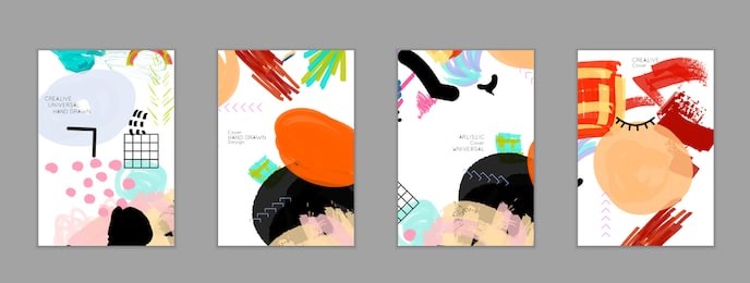 abstract universal art web header template. collage made with scribbles, marker, canyon strokes, black geometric shapes, ink drawn splashes. bright colored isolated on white background cover template.