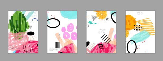 abstract universal art web header template. collage made with scribbles, marker, canyon strokes, black geometric shapes, ink drawn splashes. bright colored isolated on white background cover template.