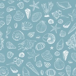 seashells vector seamless pattern. hand drawn illustrations of engraved line. 