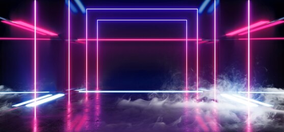 smoke smoke construction hall grunge glossy concrete futuristic sci-fi empty dark reflective modern stage room with blue and purple glowing neon lights background virtual path background 3d rendering 