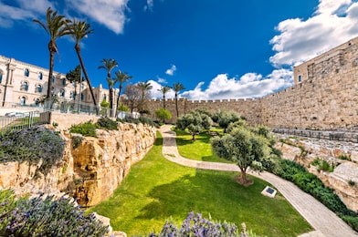 fortified ancient wall of old jerusalem holy city, israel