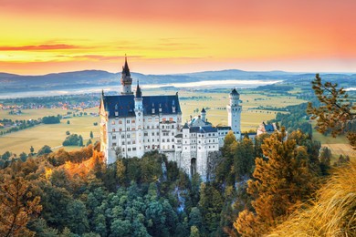 neuschwanstein, summer landscape panorama picture of the fairy tale castle near munich in bavaria, germany