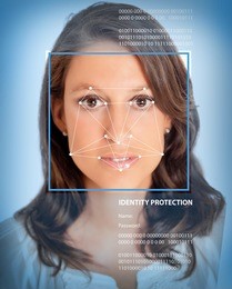 female face with lines from a facial recognition software