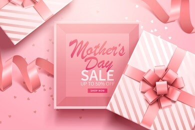 happy mother's day greeting sale banner with pink gift box and ribbons. vector.