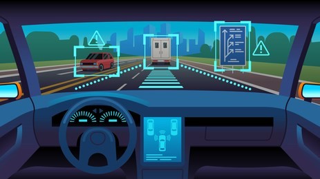 future autonomous vehicle. driverless car interior futuristic autonomous autopilot sensor system gps road, cartoon vector unmanned transport concept