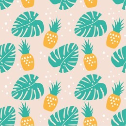 seamless background with tropical leaves and pineapples. vector pineapple. monstera leaf. tropical background. seamless summer background. tropical leaf. background with fruits. 