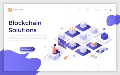 landing page template with cryptocurrency miner sitting at computer and chain of cubic blocks. software and hardware solutions for bitcoin mining. modern isometric vector illustration for website.