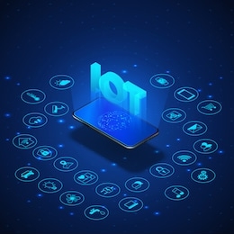 internet of things concept. iot isometric banner. digital global ecosystem. monitoring and control by smartphone. blue technology bacoground. vector illustration