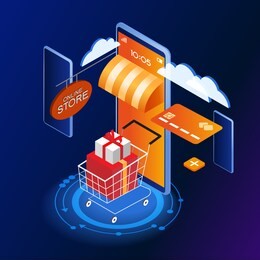 the sale and consumer concept. a person buys an online store using a smartphone. landing page template. 3d vector isometric illustration.