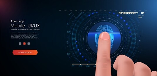 biometric and security  technology concept vector design. tech science background. fingerprint icon, symbol, sign, web. abstract digital illustration. blue abstract background. realistic hand