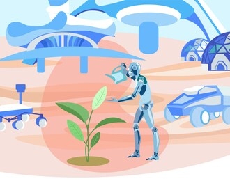 robot growing plants in cosmos flat illustration. extraterrestrial life exploration. cyborg making experiments in interplanetary station. sci-fi lunar roving vehicles. life on mars discovery