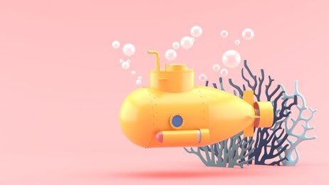 submarines and corals surrounded by bubbles on a pink background.-3d rendering.

