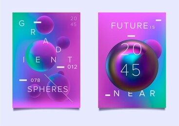 set of abstract retrofuturistic vector posters with geometric composition of vibrant chromatic oily 3d shapes. minimal unique vaporwave/ synthwave cover design template for party event.