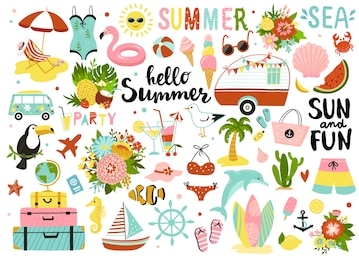 set of cute summer elements: sun, palm tree, beach umbrella, calligraphy, tropical flowers and birds. perfect for summertime poster, card, scrapbooking , tag, invitation, sticker kit.  hand drawn vect