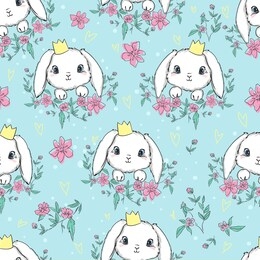 hand drawn cute bunny and flowers pattern, print design rabbit background, children print textile design