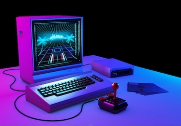 retro computer old tecnology with a example of retrowave game on the screen - 3d rendering