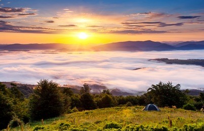 majestic sunset in the mountains landscape. overcast sky. carpathian, ukraine, europe. beauty world.
