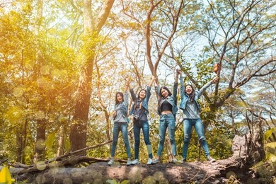 group of asian women destination finish enjoy and happy travel trekking in vacation time for go to camping.