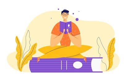happy male student reading book. education study learning concept with man character and books. guy in the library. vector flat cartoon illustration
