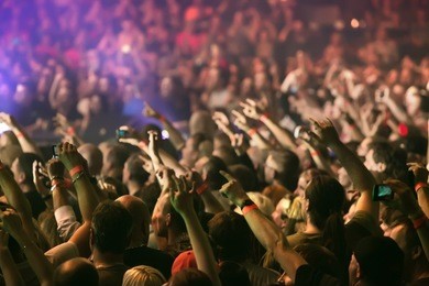 crowd at a music concert, audience raising hands up
