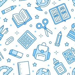 school supplies seamless pattern with line icons. study tools background - globe, calculator, book, pencil, scissors, notebook vector illustration. blue white wallpaper for stationery sale brochure.