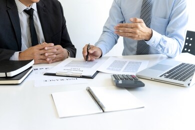 sales man real estate agent offer and present  home ownership project document and life insurance , insurance assurance quality concept.