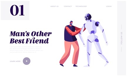 young cheerful man holding huge cyborg by hand. robots in human life, artificial intelligence technology development, science website landing page, web page. cartoon flat vector illustration, banner