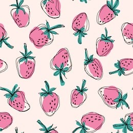 hand drawn strawberry  seamless vector pattern. pink strawberries and green leaves with black doodle stroke on vanilla background