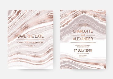 agate slice wedding invitation design cards with rose gold waves.