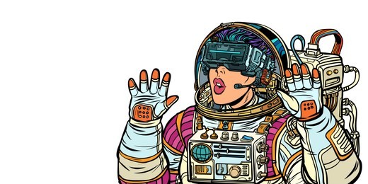 surprised woman astronaut in virtual reality glasses. isolate on white background. pop art retro  illustration. girls 80s