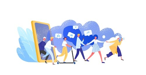 concept of referral marketing, refer a friend loyalty program, promotion method. group of people or customers holding hands and walking out of giant smartphone. modern flat vector illustration. 