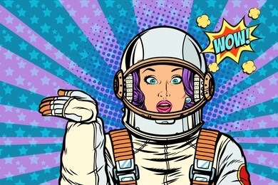 astronaut surprise woman presentation gesture. pop art retro  vintage kitsch illustration drawing
