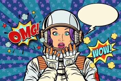 astronaut woman surprise gesture. pop art retro  vintage kitsch illustration drawing