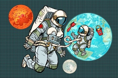 astronaut mother and child on planet earth. humanity and the universe. pop art retro  illustration comic cartoon vintage kitsch drawing